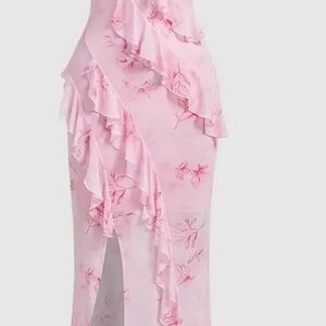 Pink Maxi Dress with Ruffled Layers and High Slit